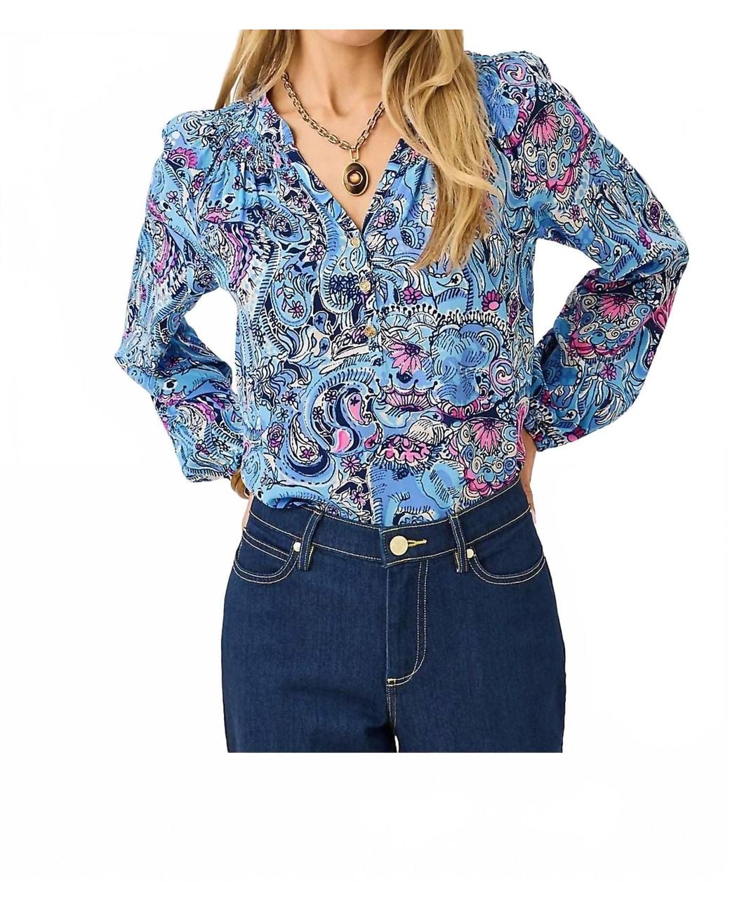 Lilly Pulitzer Elsa Silk Blouse Top in Blue | Lyst