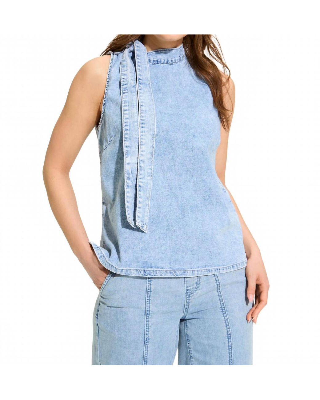 Fdj Blue Sleeveless Bow Neck Top