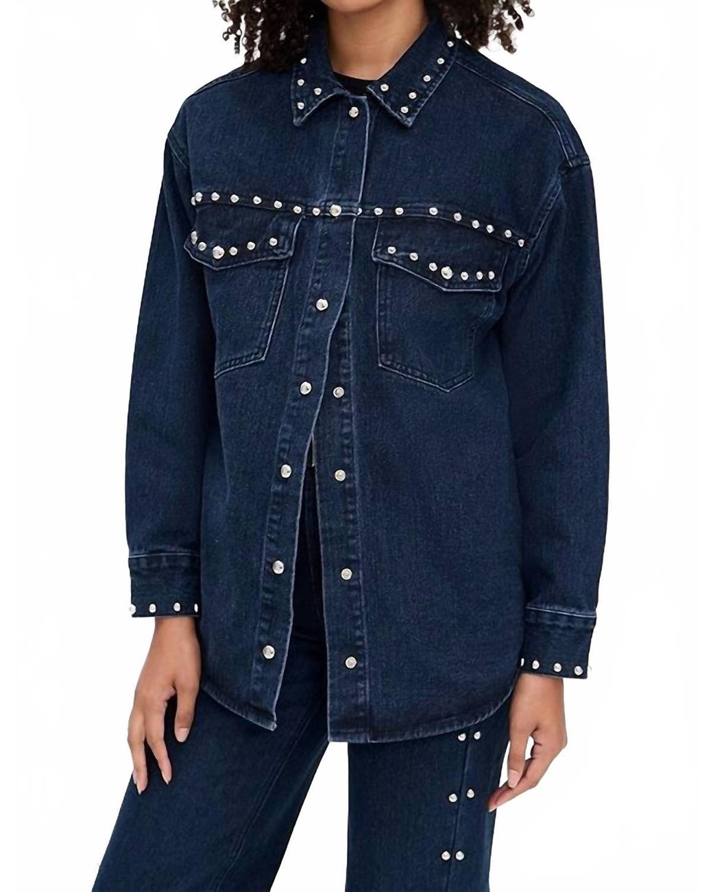Moon River Blue Button Up Stud Detail Denim Jacket