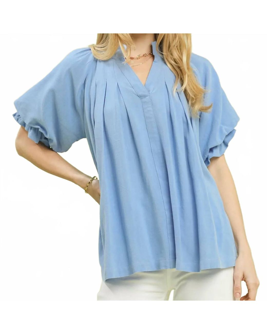 Umgee Blue Collins V-Neck Flutter Sleeve Top