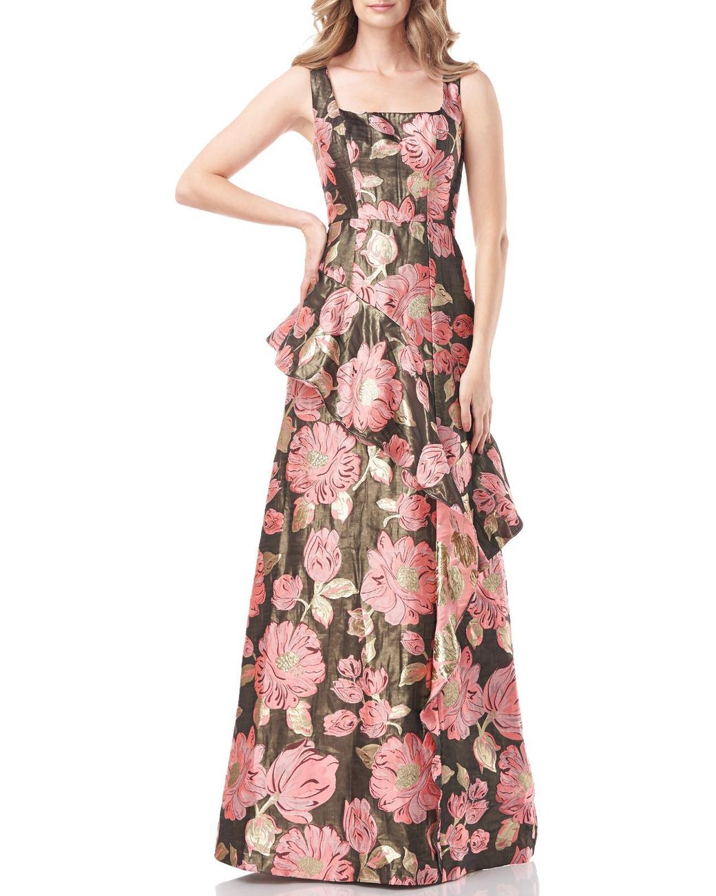 Kay Unger Belle Metallic Floral Evening Dress