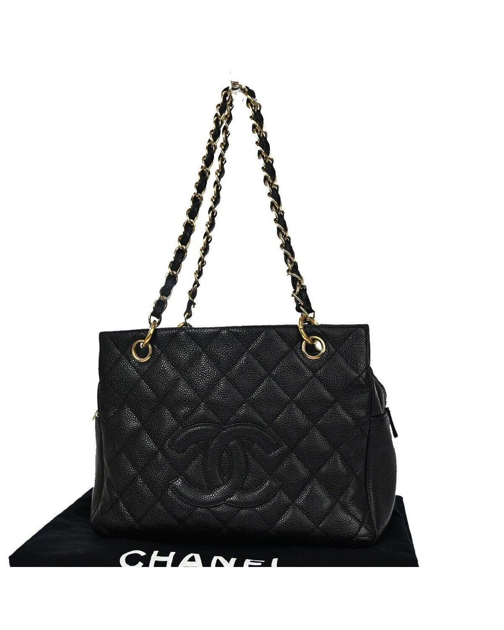 Used Chanel Shopping Black Leather Tote Bag Shw AUTHENTIC