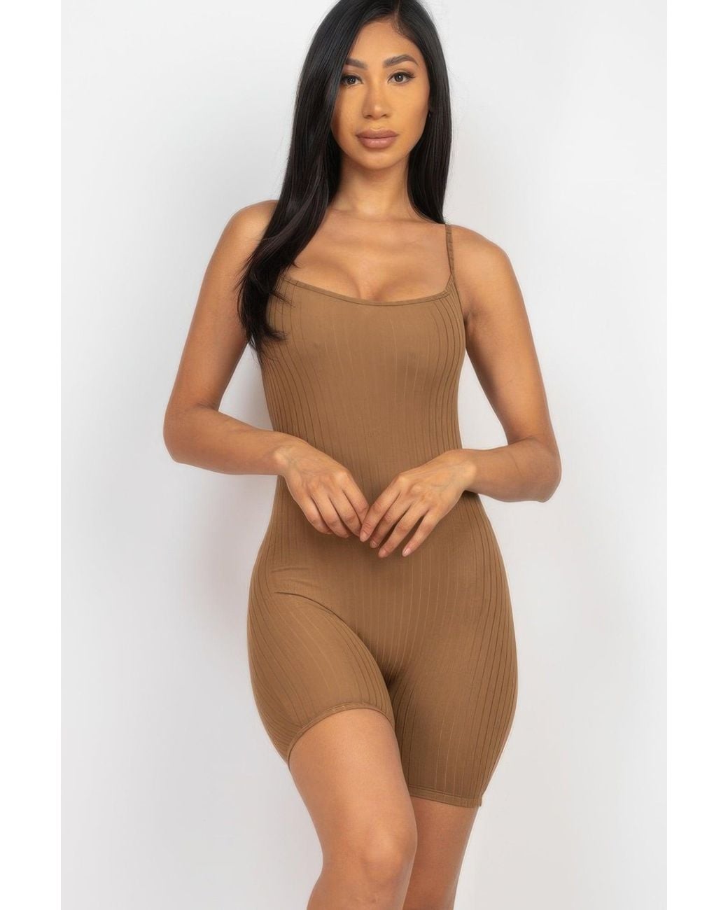 TRUEDAMES Brown Ribbed Bodycon Romper