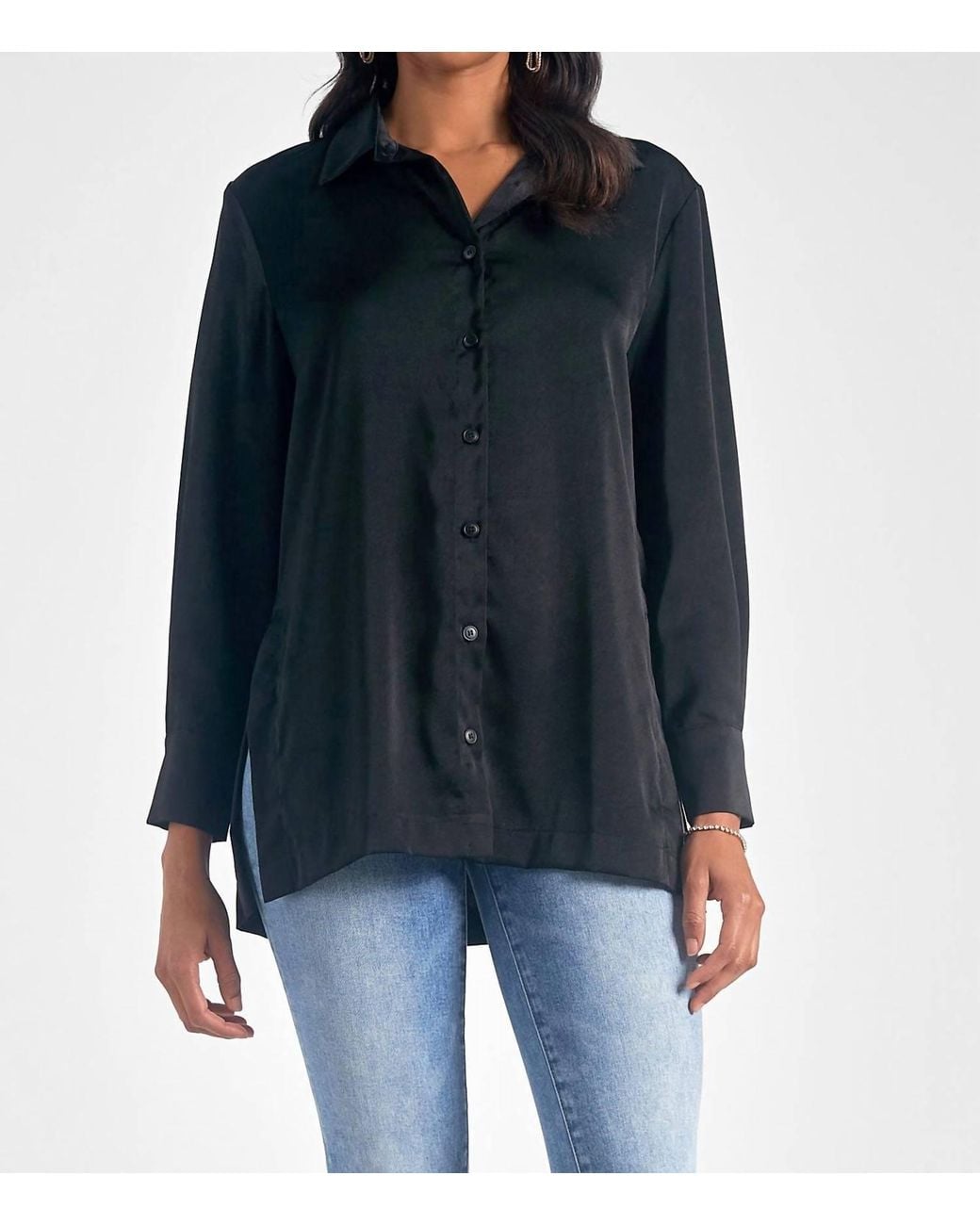 Elan Black High Side Slit Button Down