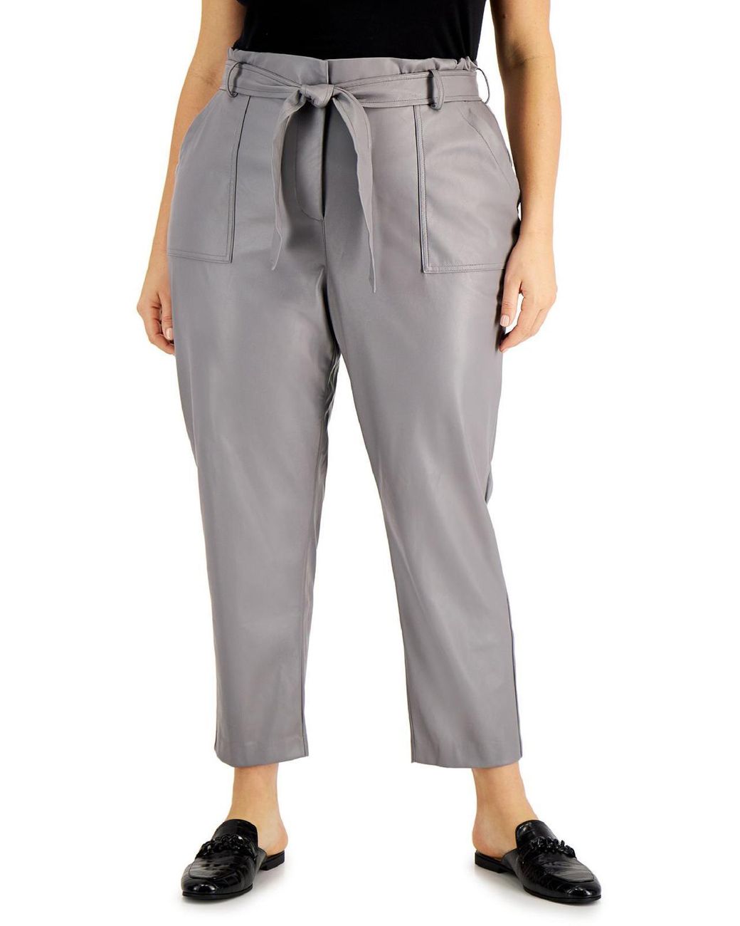 Calvin Klein Plus Faux Leather Tie Waist Straight Leg Pants in Gray | Lyst