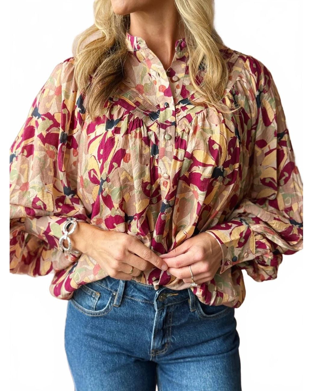 Eesome Red Button Down Printed Blouse