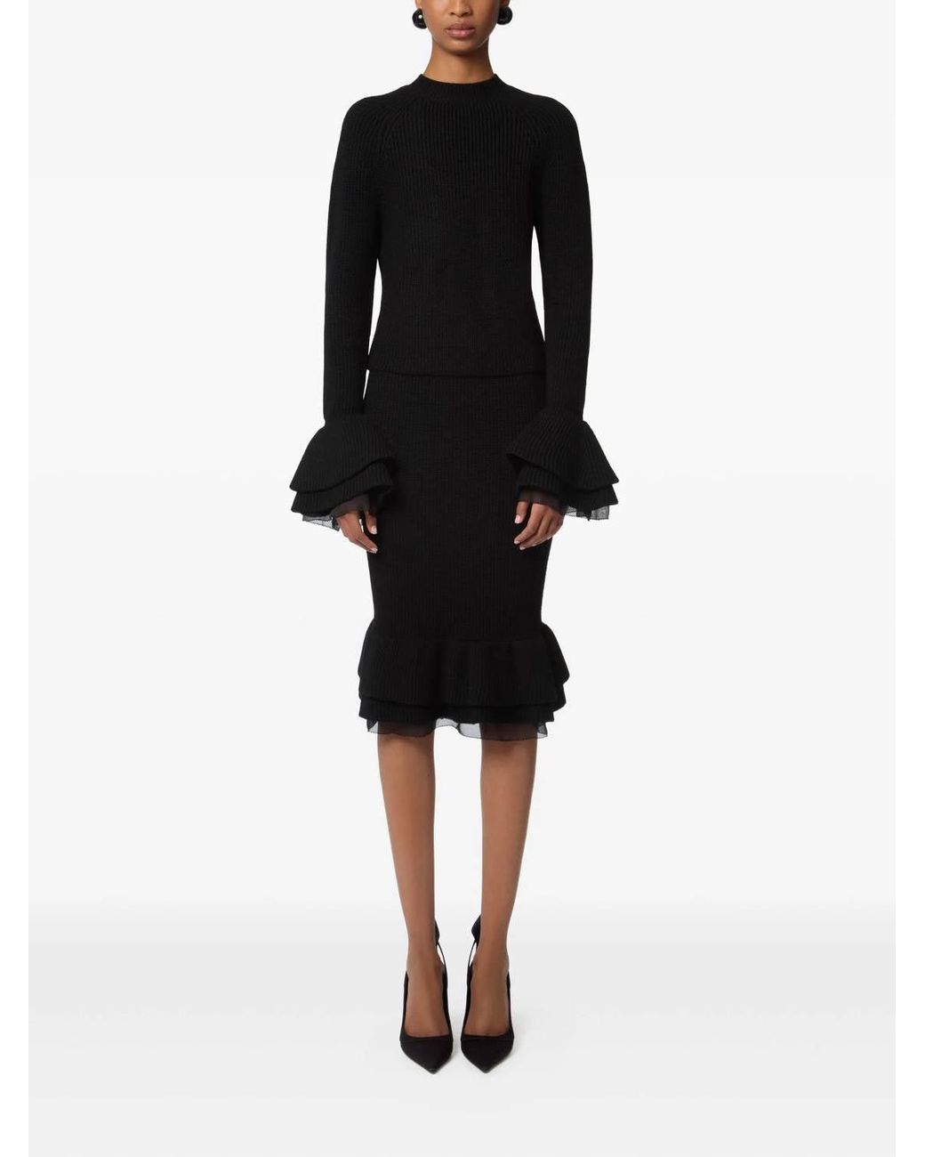 Nina Ricci Round Neck Layered Mix Ruffled Wool Knit Top in Black | Lyst