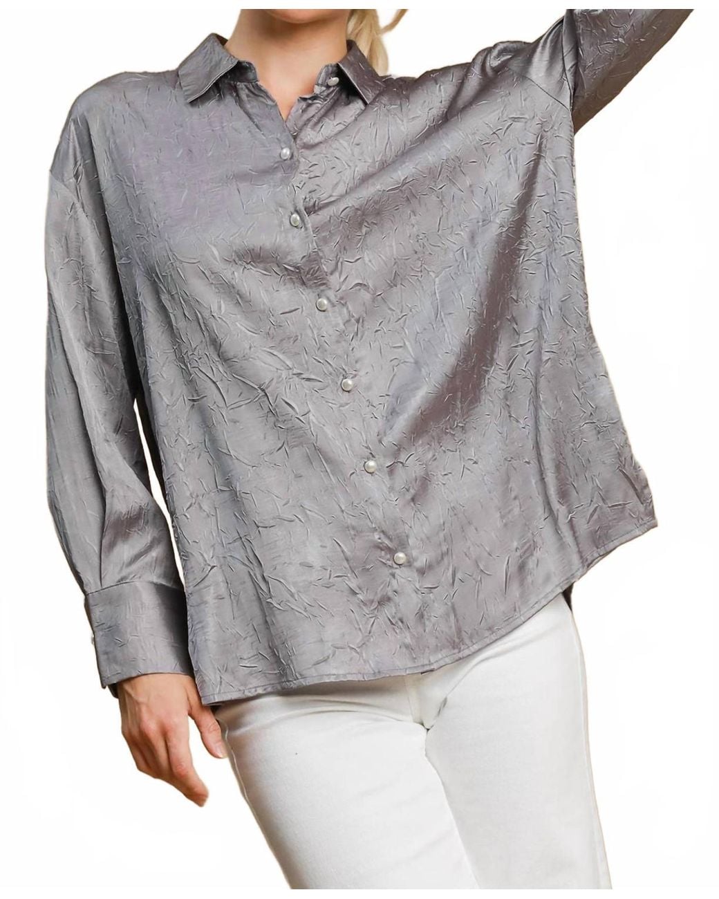Umgee Gray Textured Button Down Blouse