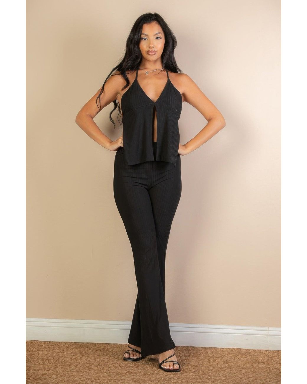 TRUEDAMES Natural Fashnzfab Split Front Backless Halter Top & Flare Pants Set