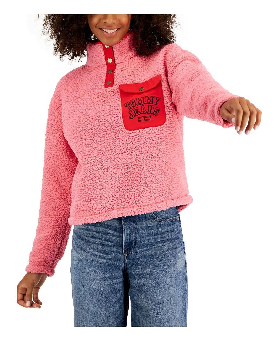 Tommy Hilfiger Quarter Snap Sherpa Teddy Coat in Red Lyst