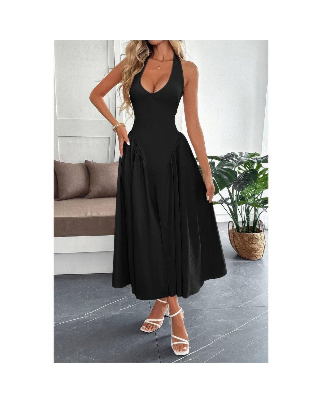 TRUEDAMES Black Solid Halter Hide Back Zipper Midi Sundress