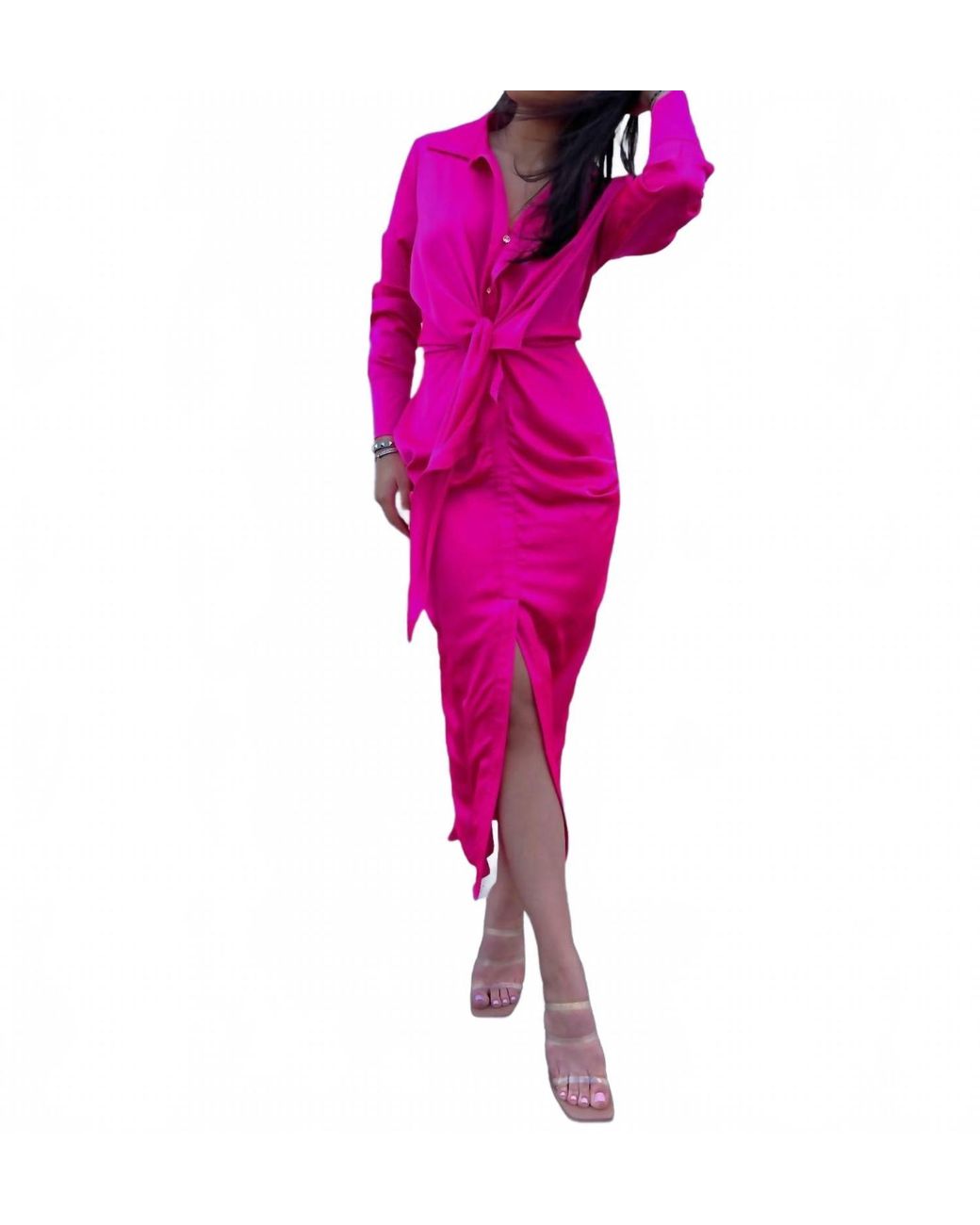 Lena® Pink Button Down Collared Long Sleeve Maxi Dress