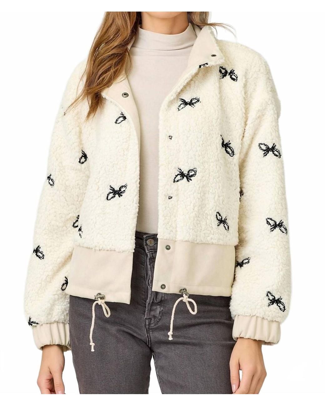 Mystree Bow Embroidery Mixed Jacket in Natural | Lyst