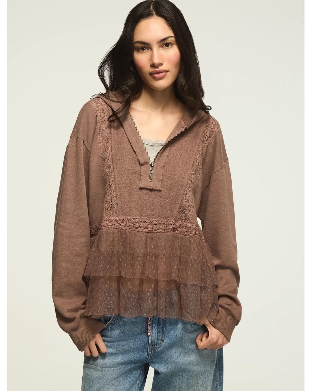 Postcodem Make Up Lucky Brand Lace Trim Peplum Zip Up in Brown | Lyst