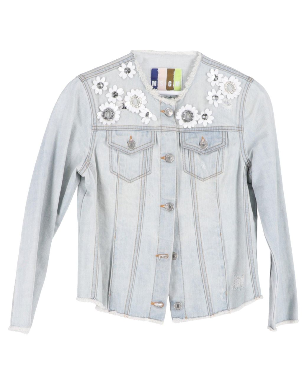 MSGM Blue Denim Jacket Floral-Embellished Jacket