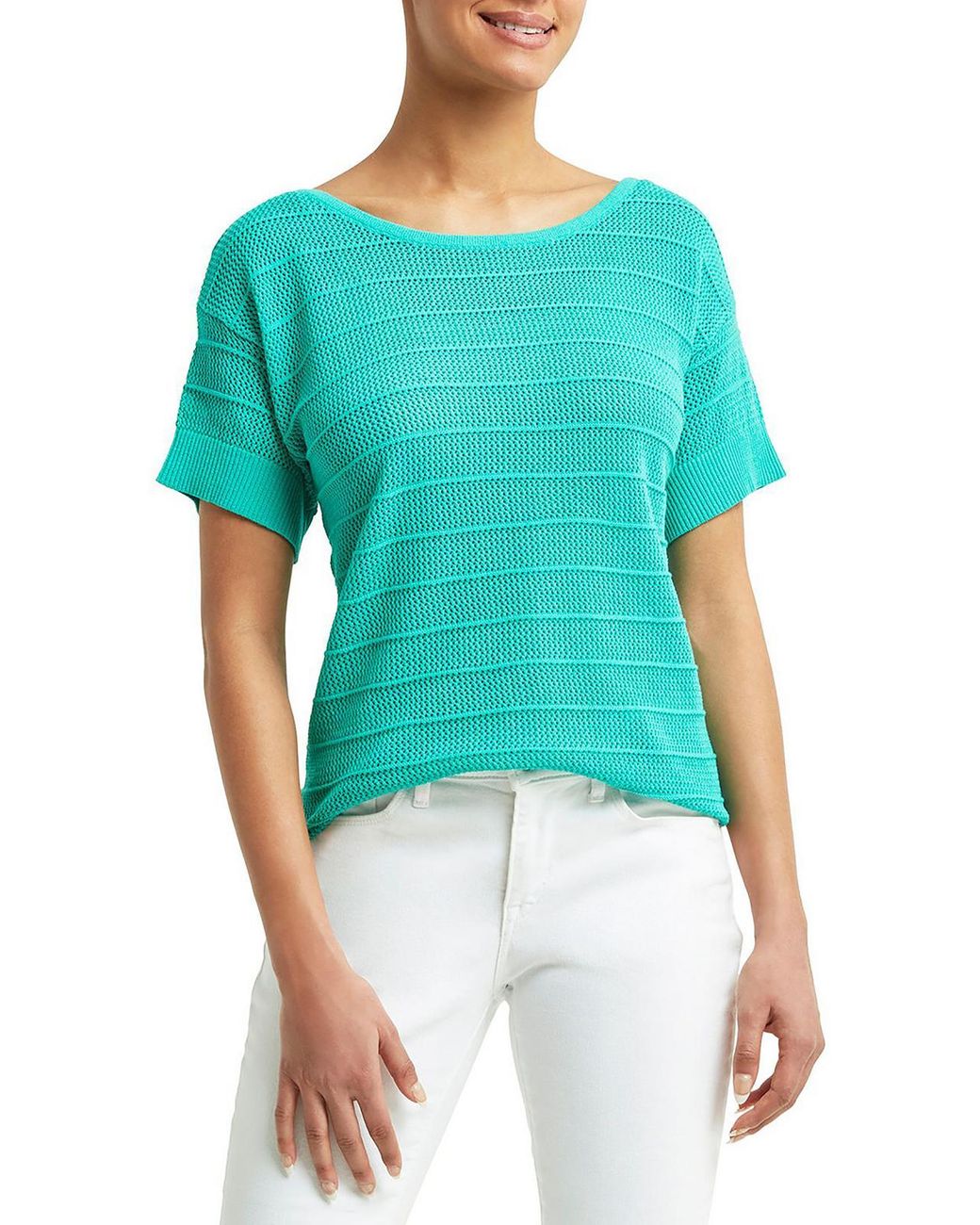 H Halston Mesh Knit Ribbed Trim T-shirt in Blue | Lyst
