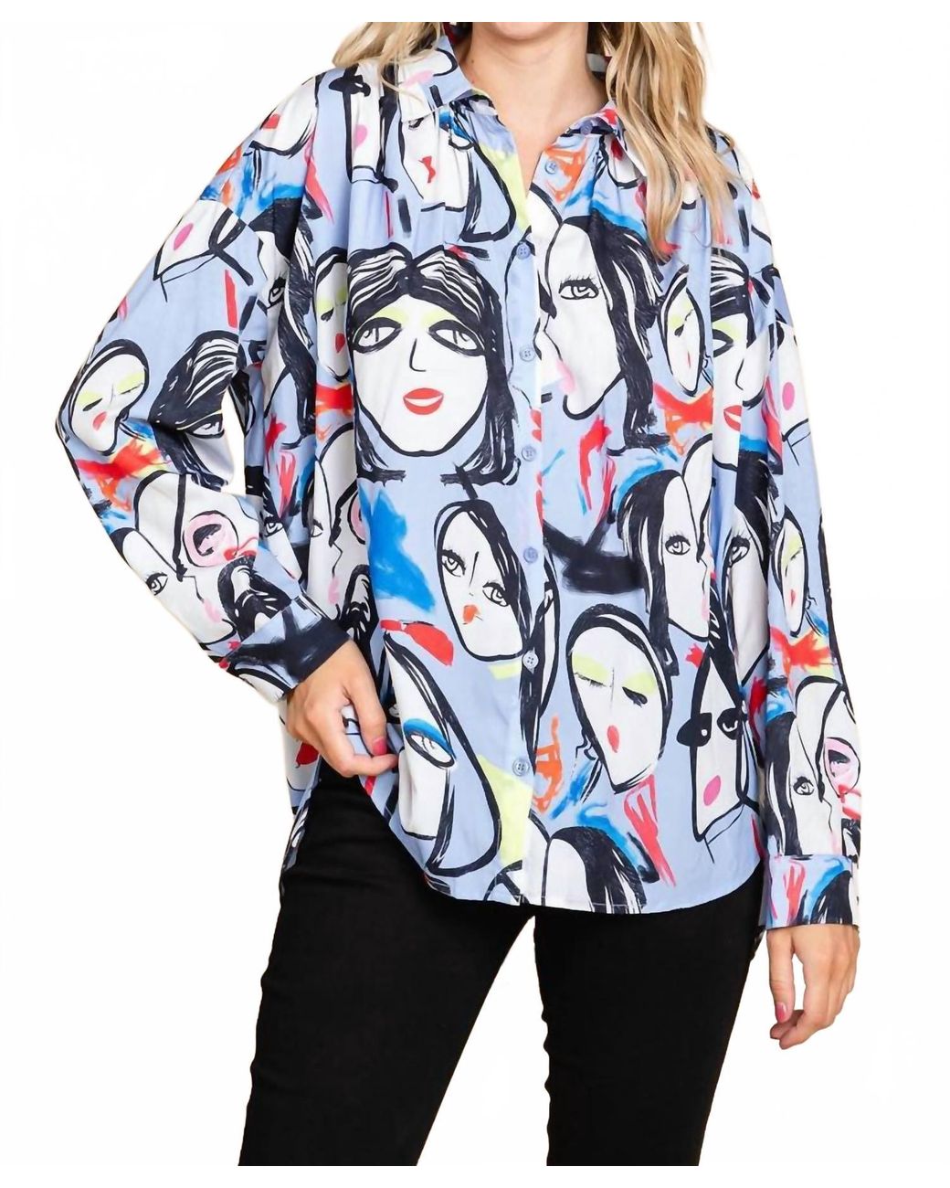 Jodifil Blue Face Print Button Up Top