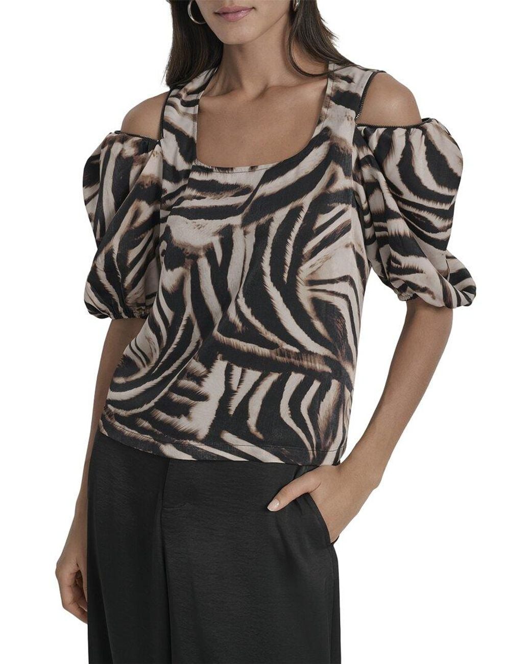 DKNY Black Asymmetrical Short Sleeve Top
