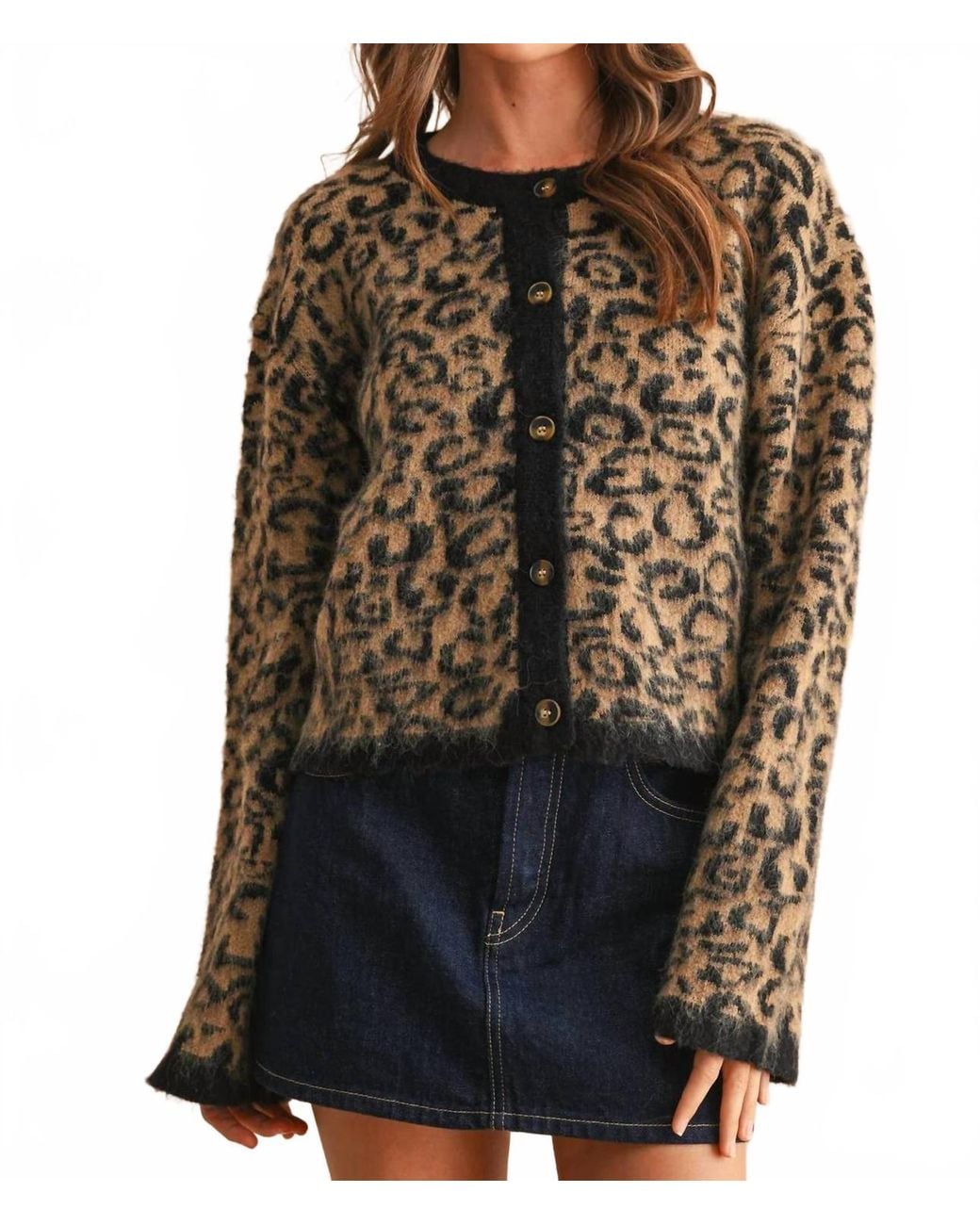 Miou Muse Black Leopard Button Closure Cardigan