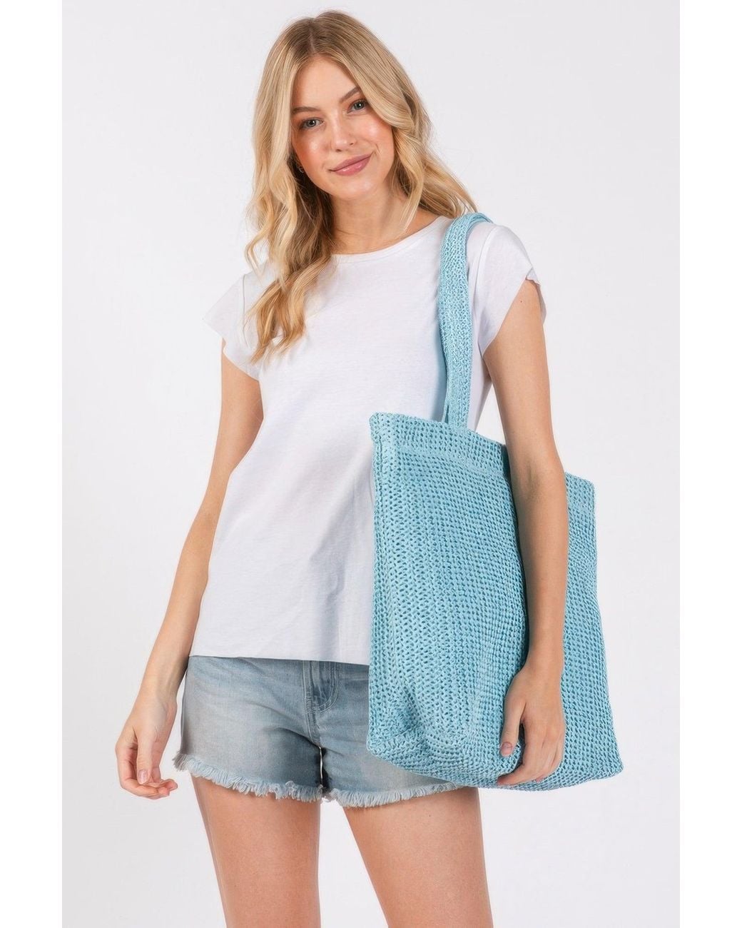 Fashnzfab Blue Solid Crochet Straw Bag
