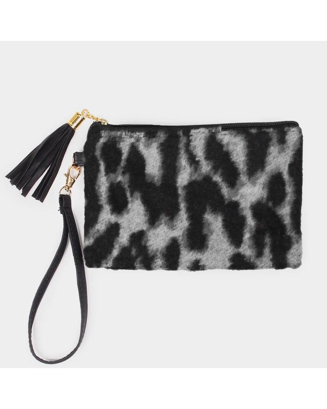 Fashnzfab Black Leopard Patterned Pouch Bag With Wristlet