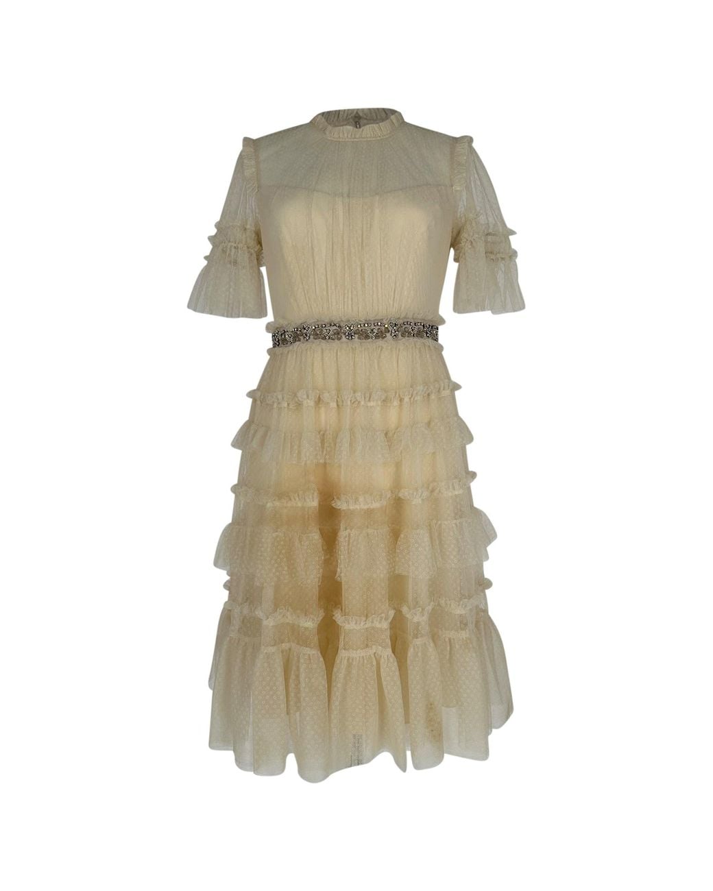 Needle & Thread Lace Tulle Midi Tiered Dress in Natural | Lyst