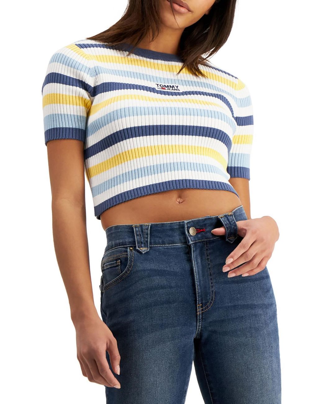 Tommy Hilfiger Cotton Striped Crop Sweater in Blue | Lyst