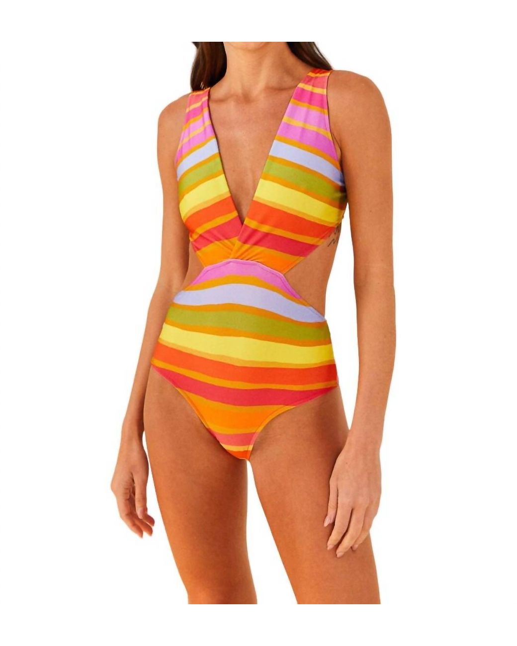 FARM Rio Shiny Stripes One Piece Swimsuit in Orange Lyst
