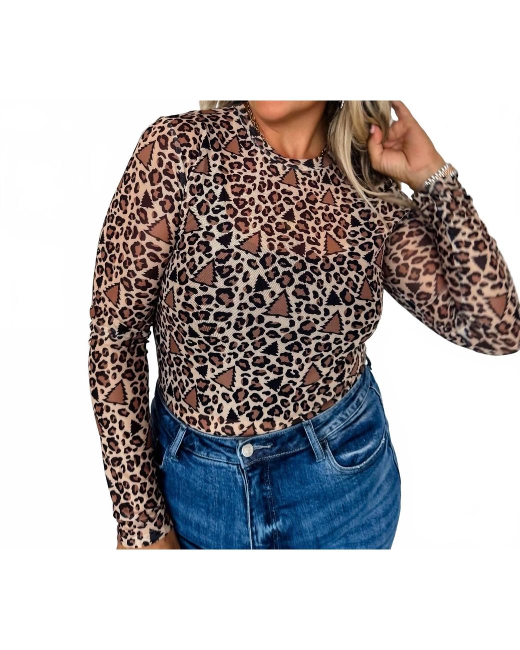 Blakely Blue Leopard Christmas Tree Mesh Top