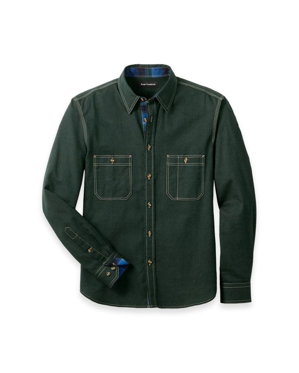 Paul Fredrick Green Cotton Solid Herringbone Utility Shirt for men