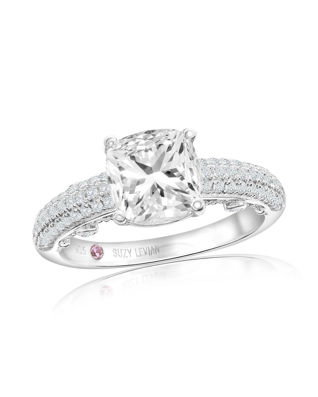 Suzy Levian Metallic Sterling Cushion Cut Cubic Zirconia Pave Engagement Ring