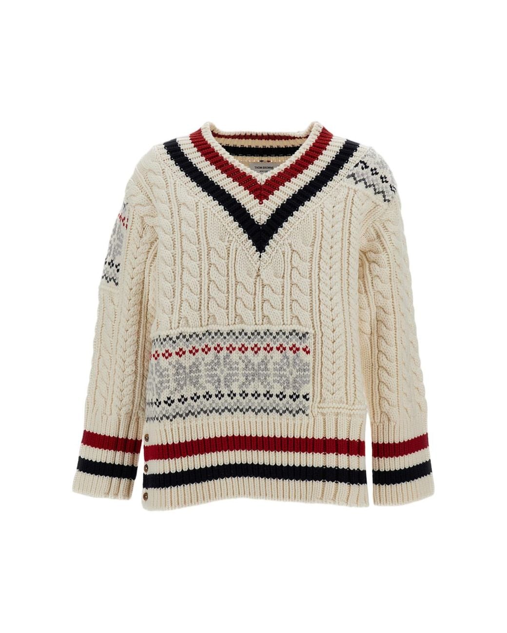 Thom Browne Multicolor Patchwork Cable Fair Isle Merino Wool Pullover for men