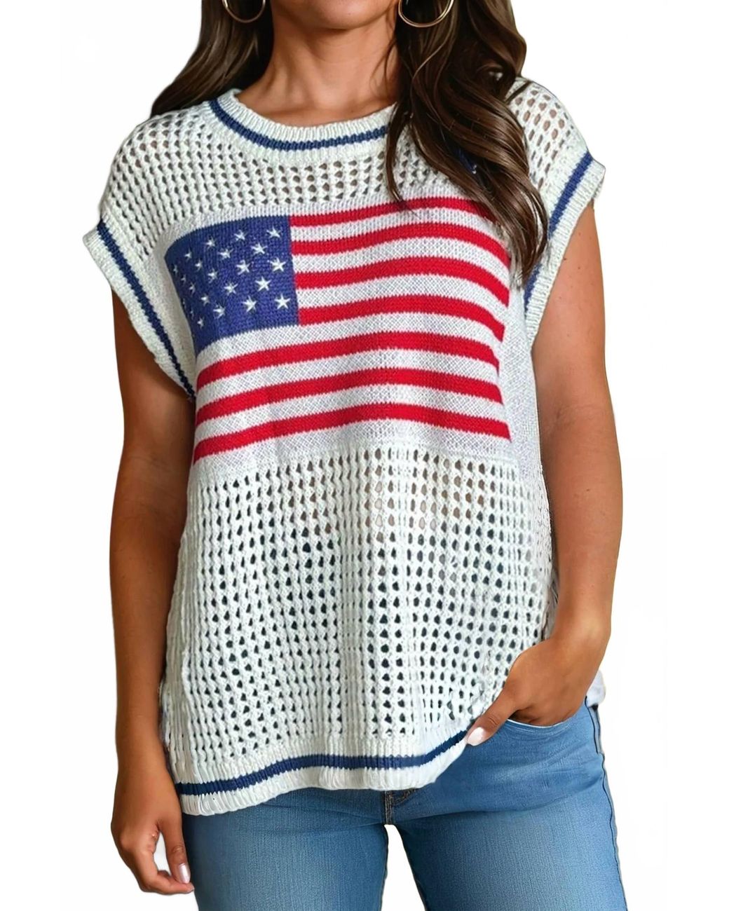 Shewin Red Usa Flag Eyelet Knitted Top