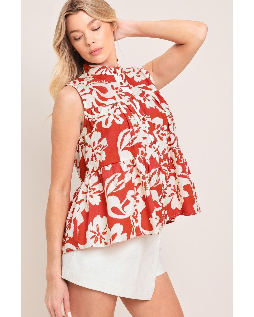 TRUEDAMES Red Sunset Bloom Woven Top