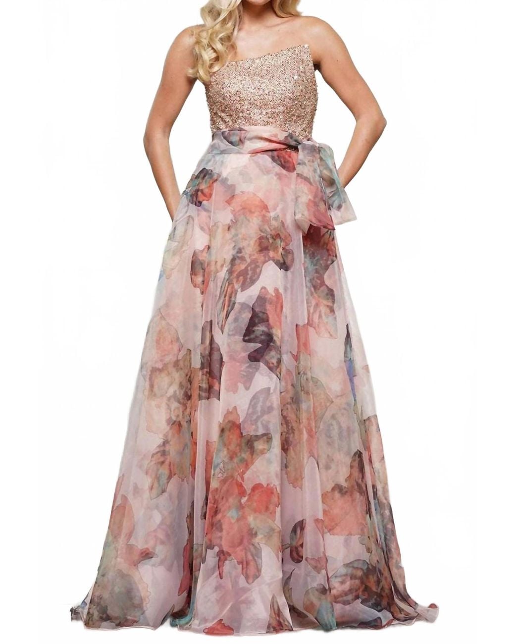 Rina Di Montella Asymmetric Beaded Prom Maxi Dress in Pink | Lyst