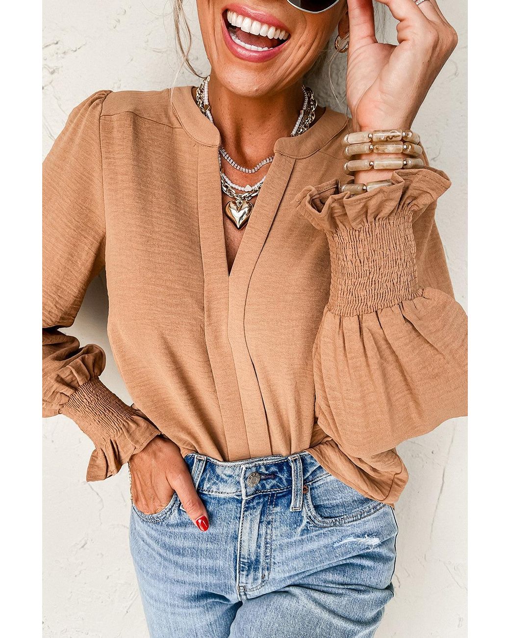 TRUEDAMES Blue Solid Color Shir Cuff Notch V Neck Blouse