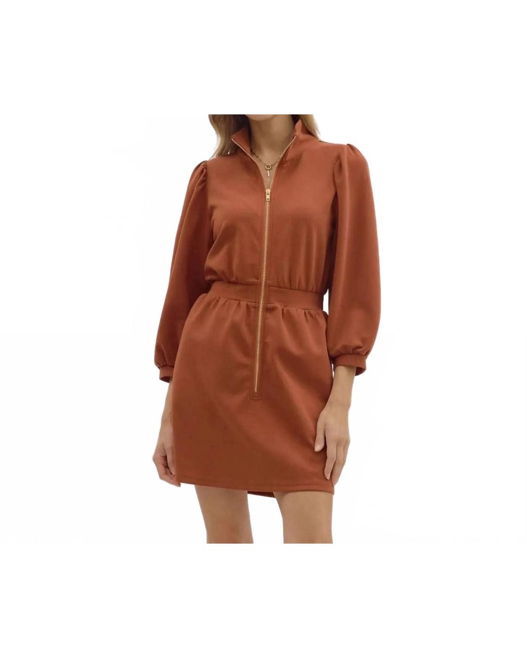 Style USA Brown Solid Puff Sleeve Mini Dress