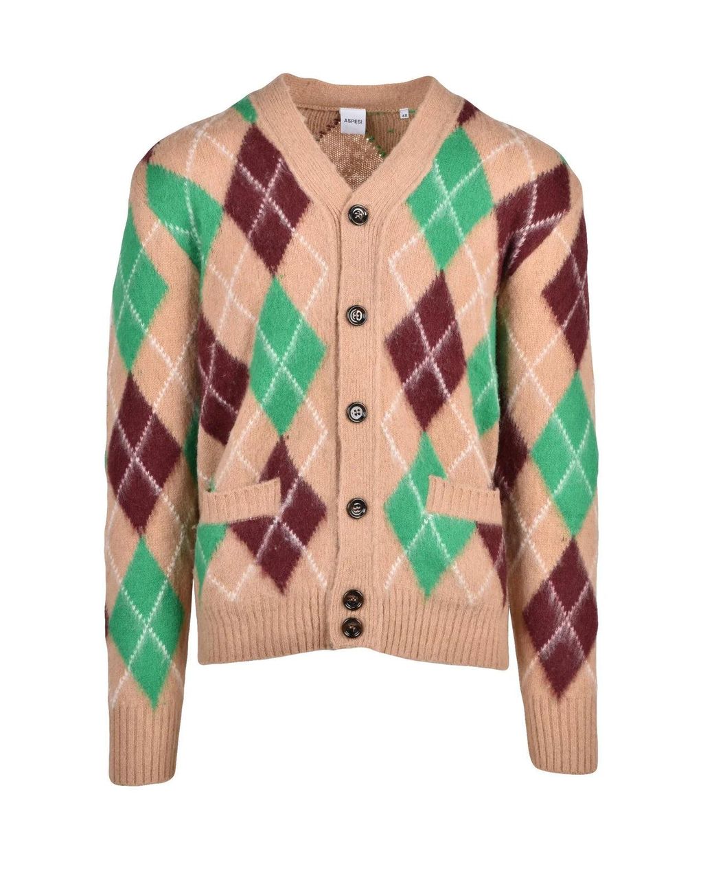 Aspesi Brown Bordeaux Argyle Pattern V-Neck Wool Cardigan for men