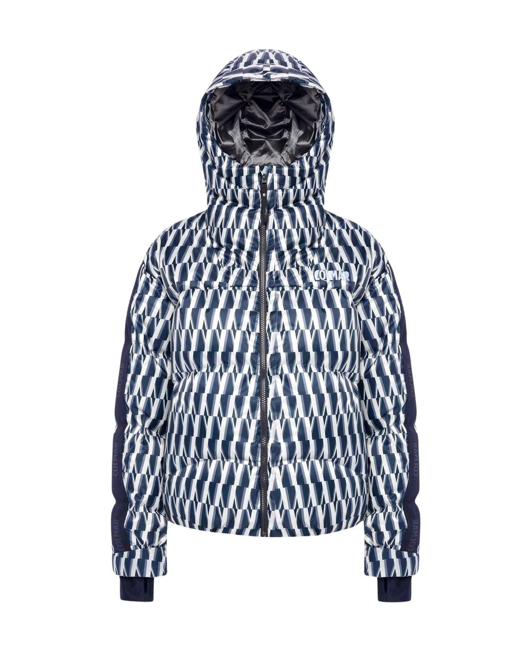 Colmar Blue Puffy Cropped Down Jacket With Optical Print