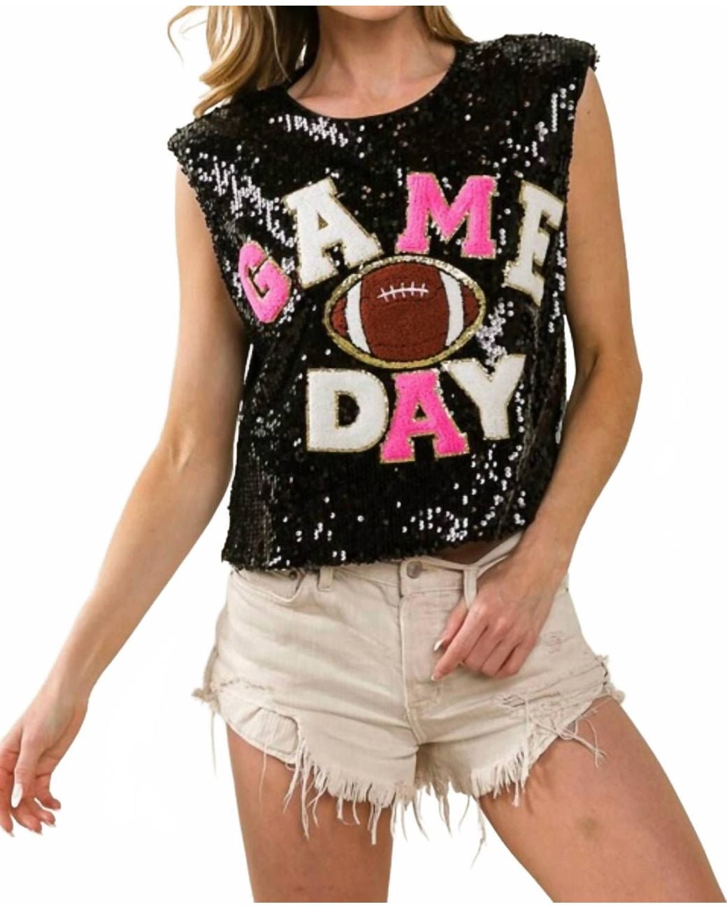 Bibi Black Touch Down Sequins Game Day Tank Tops