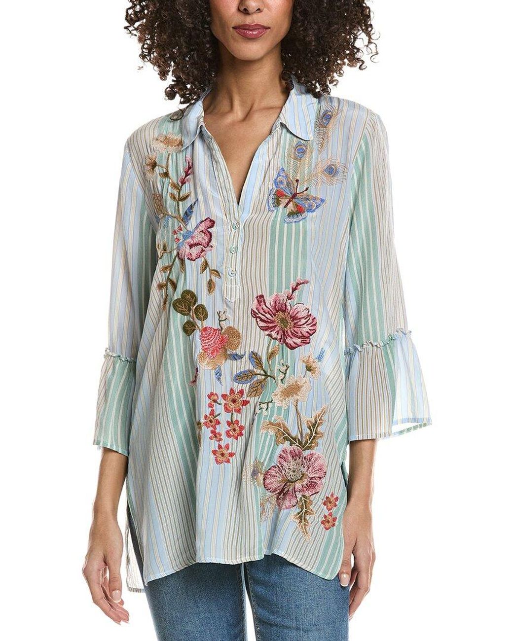 Johnny Was Ruffle Sleeve Henley Silk Tunic in Gray | Lyst