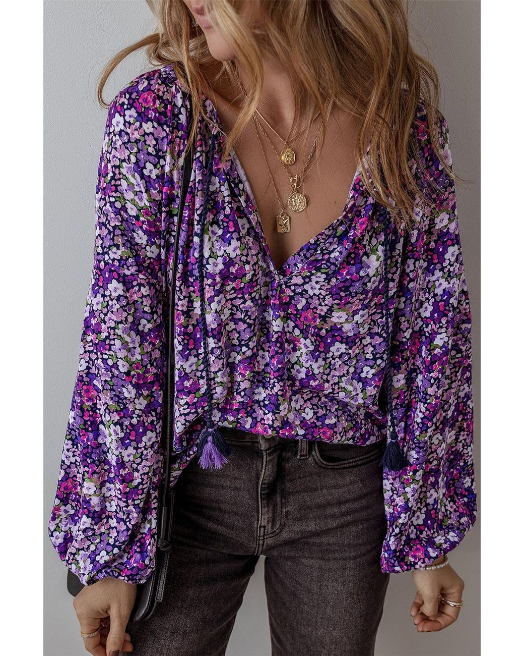 TRUEDAMES Purple Boho Flower Split V Neck Bubble Sleeve Blouse