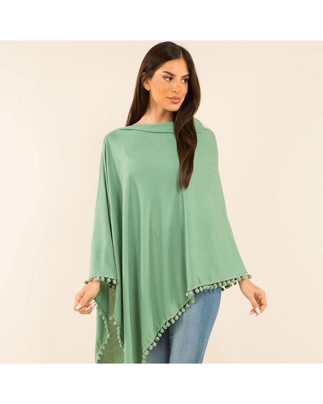 TRUEDAMES Green Pom Pom Trim Solid Asymmetrical Poncho