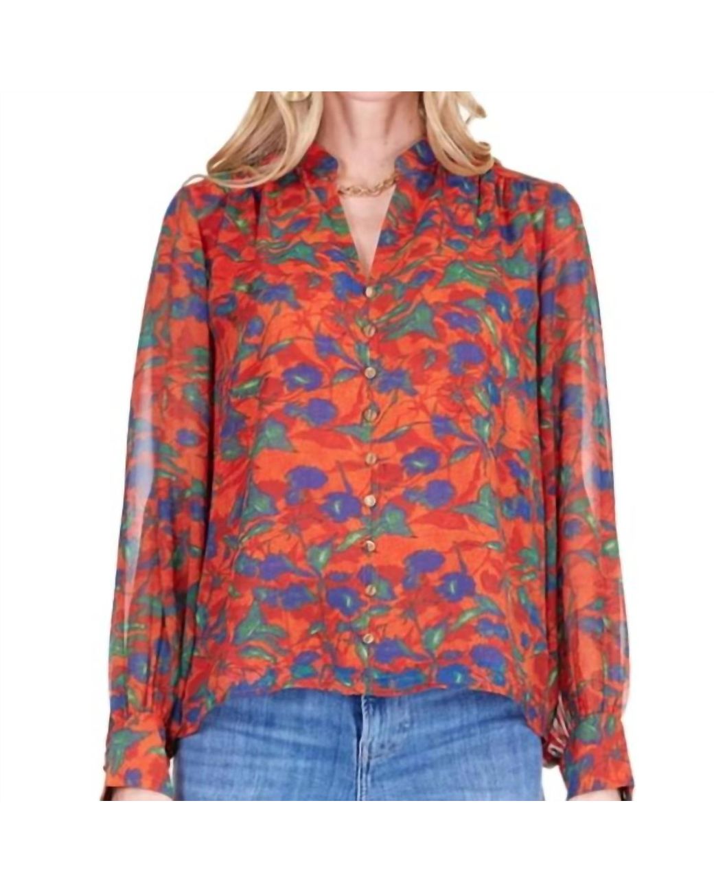 J joy Red Front Split Buttons Top