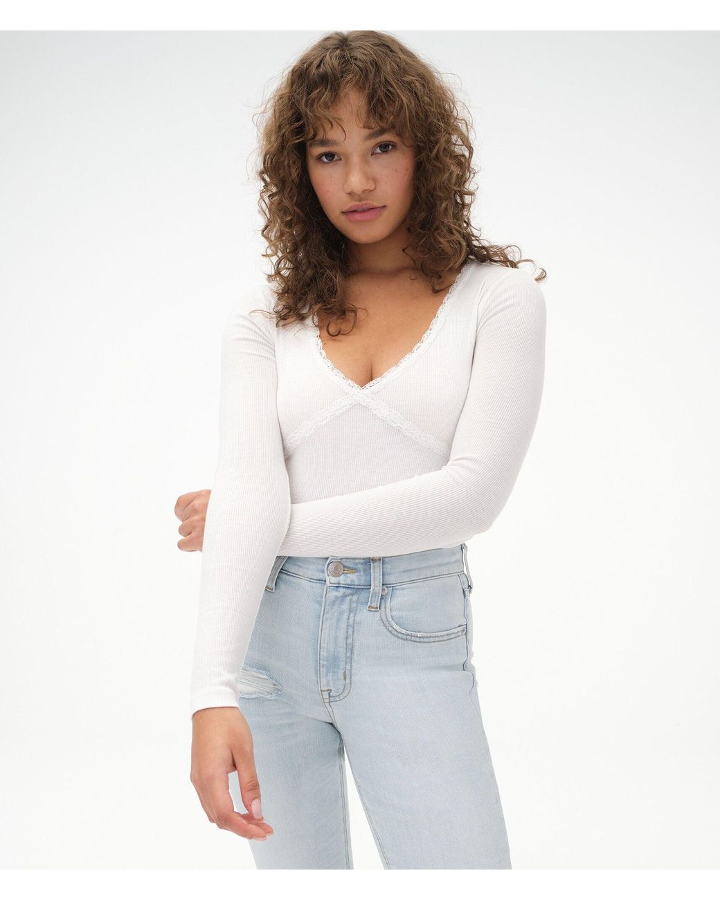 Aéropostale Long Sleeve Crisscross Lace Crop Top in White | Lyst
