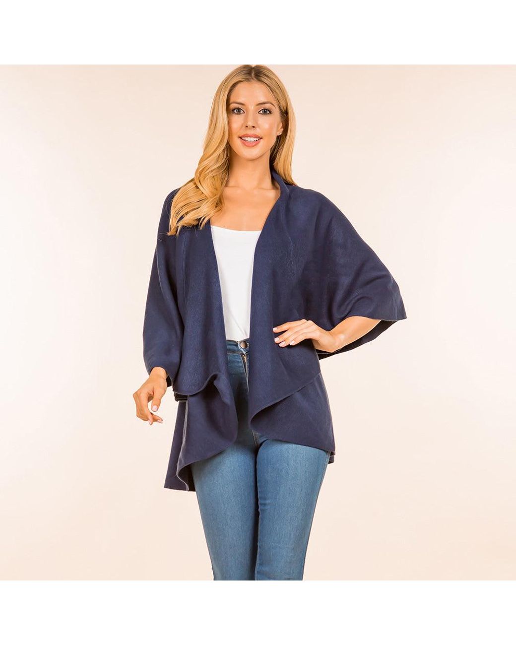 TRUEDAMES Blue Open Front Solid Wrap Poncho