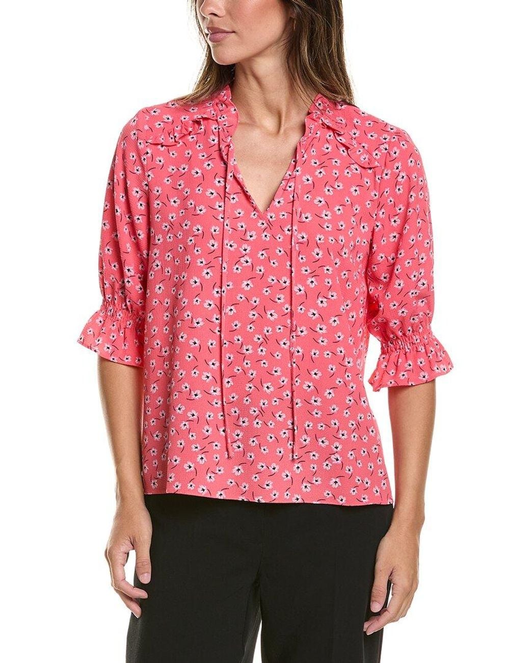 Cece Red Elbow Sleeve Split Neck Blouse