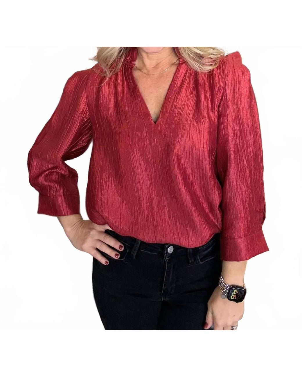 Thml Red Pleated 3/4 Sleeve Top
