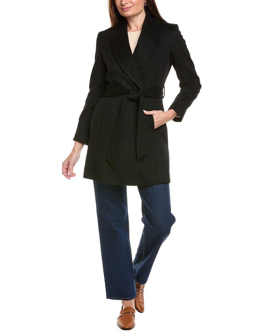 Sofiacashmere Black Belted Wool & Cashmere-Blend Wrap Coat