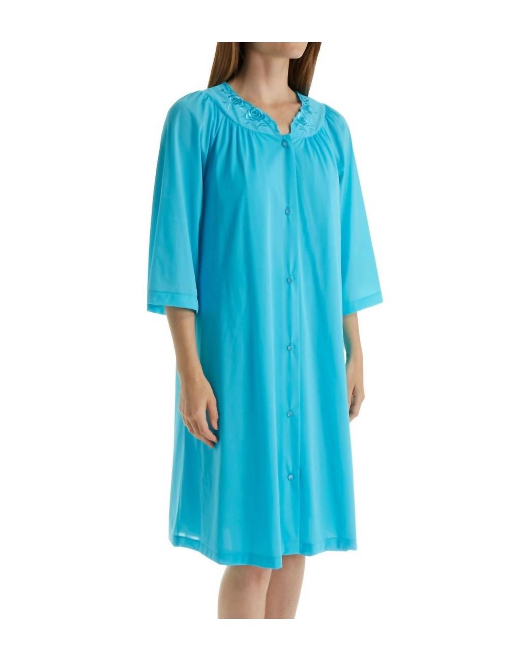 Short Blue Robe Shadowline Lingerie Short 3/4 Sleeve Button Down Robe in Blue | Lyst